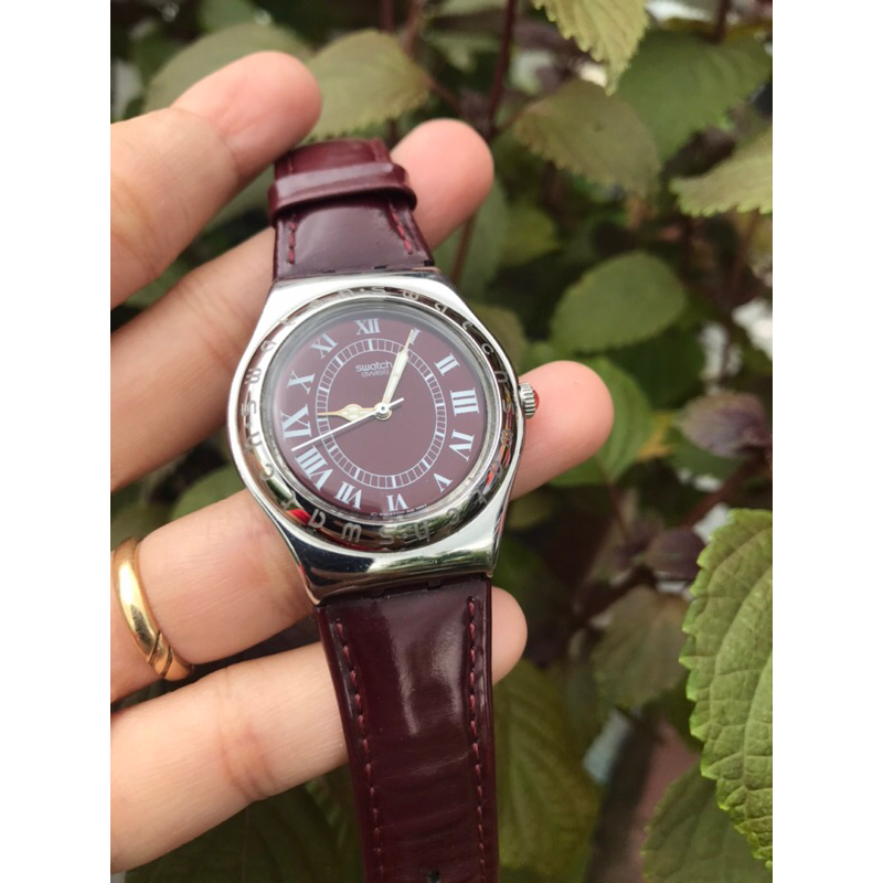 Đồng hồ nam nữ swatch mặt 35mm số la mã dây da tím