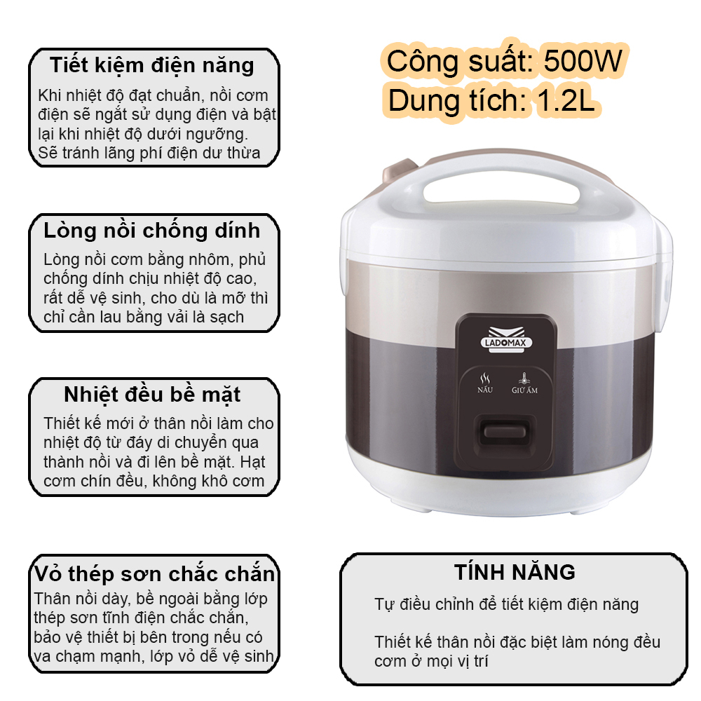 Nồi cơm điện 1.2L Ladomax HA-7712 lòng nồi phủ men chống dính, tiết kiệm điện khi nấu cơm