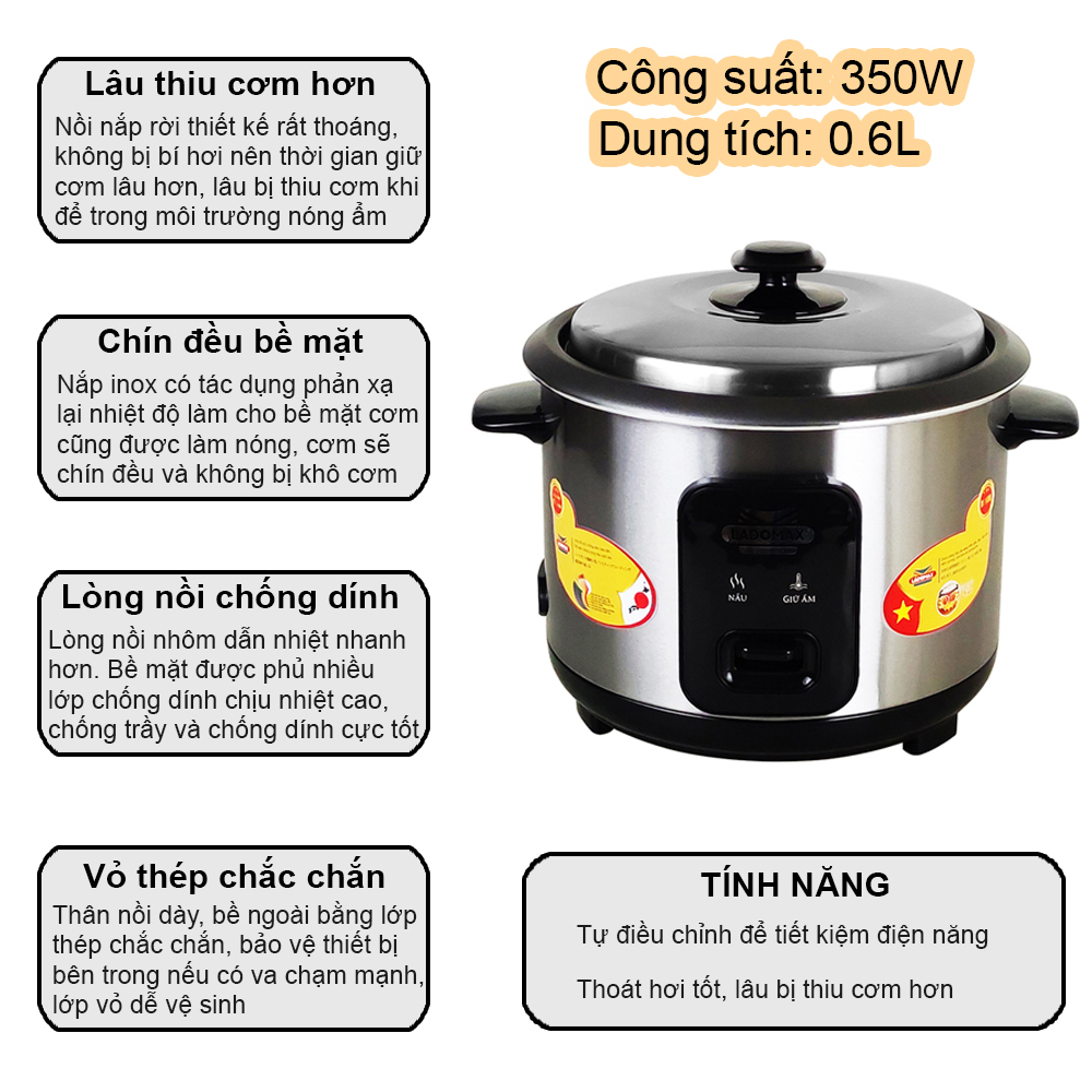 [Chính hãng] Nồi cơm điện mini 0.6L Ladomax HA-7106 thiết kế nắp rời thoát hơi tốt, nấu cơm cho 1 - 2 người ăn