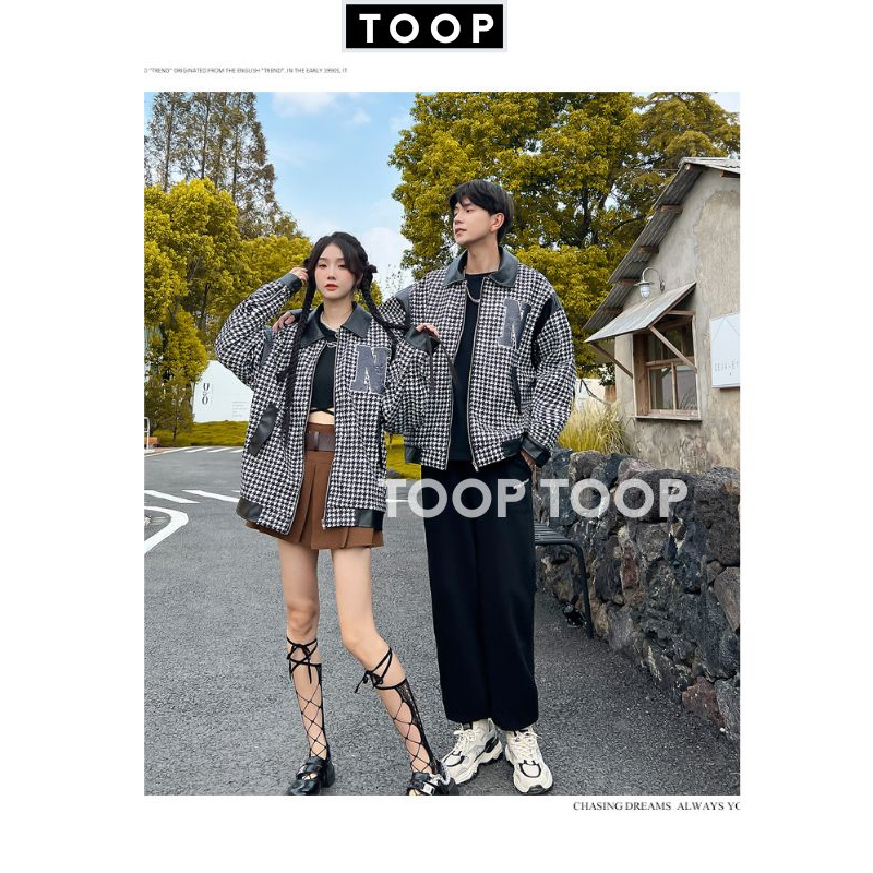 Áo khoác dạ tweed kẻ unisex thêu chữ N -nam nữ đều mặc được ,áo khoác dạ phối da trẻ chung năng động -TOOP