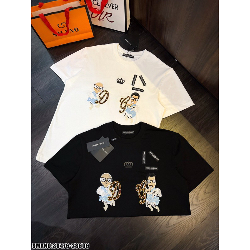 Áo thun dolce thêu icon thiên thần DG đính đá,áo phông Dolce level thêu hình người thiên thần đơn giản