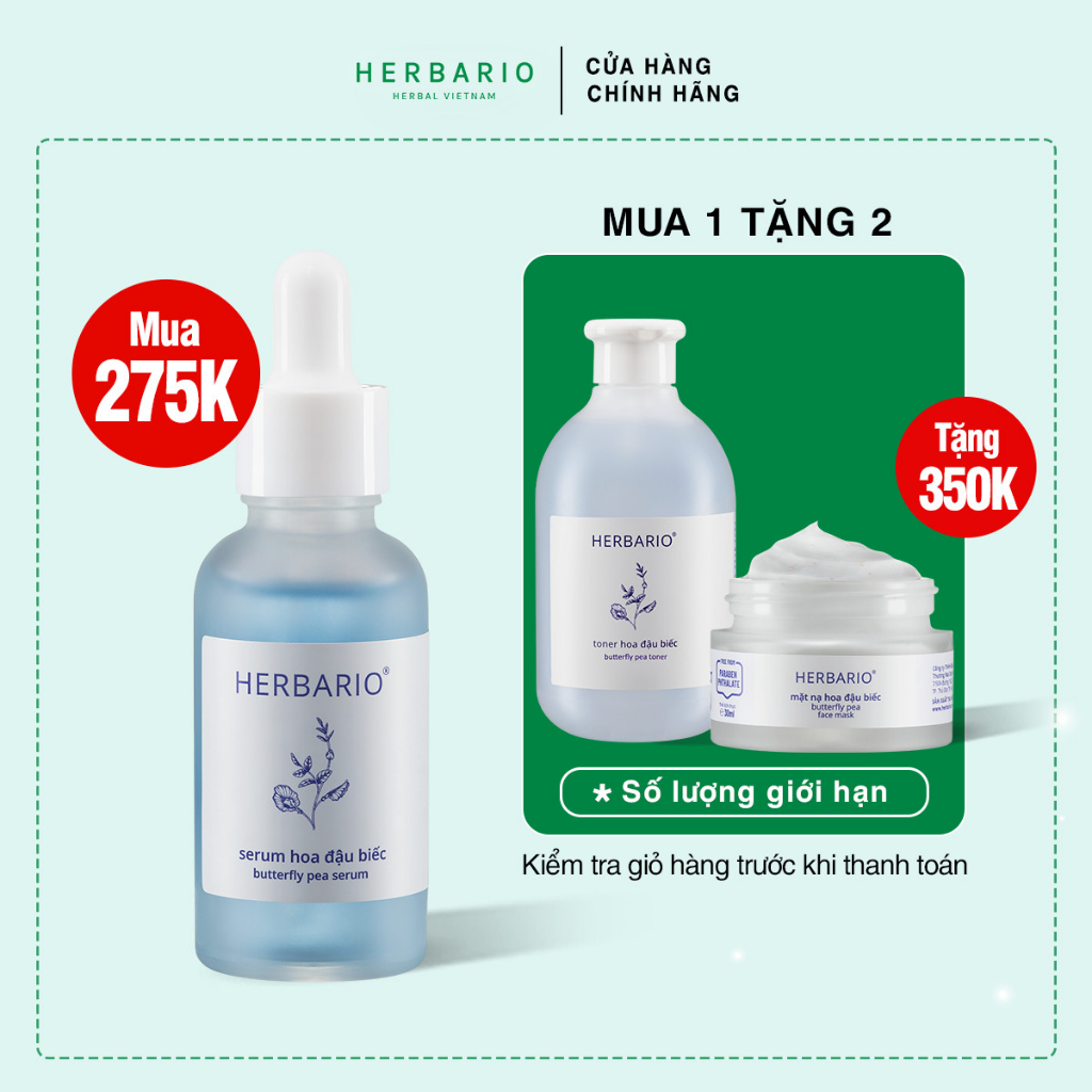 [MUA 1 TẶNG 2] Serum hoa đậu biếc Herbario 30ml Tặng Toner hoa đậu biếc + Mặt nạ hoa đậu biếc