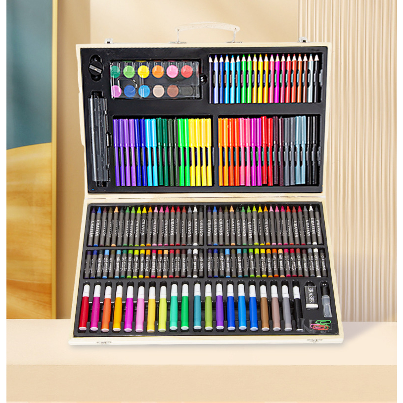 Bộ màu vẽ cho bé 180 chi tiết làm bằng gỗ bao gồm màu bút marker, chì màu, màu nước, màu dạ