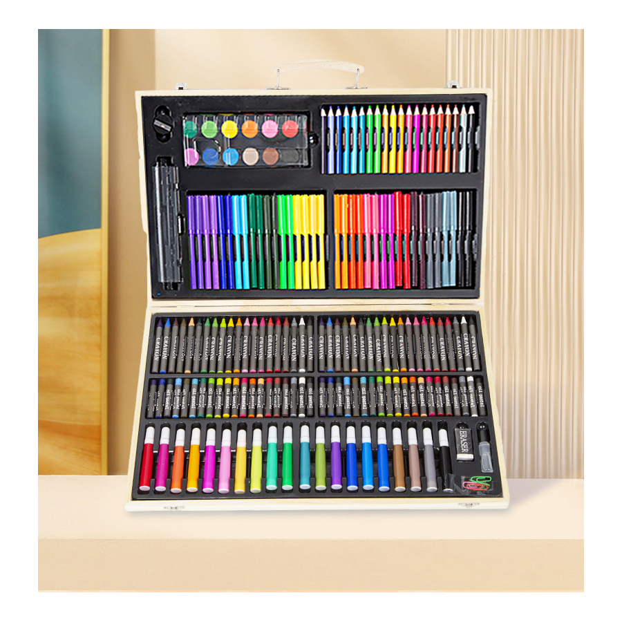 Bộ màu vẽ cho bé 180 chi tiết làm bằng gỗ bao gồm màu bút marker, chì màu, màu nước, màu dạ