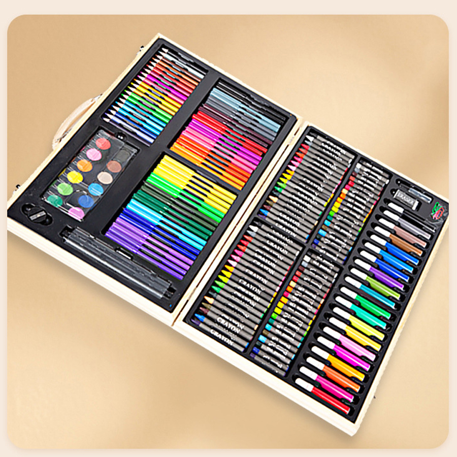 Bộ màu vẽ cho bé 180 chi tiết làm bằng gỗ bao gồm màu bút marker, chì màu, màu nước, màu dạ