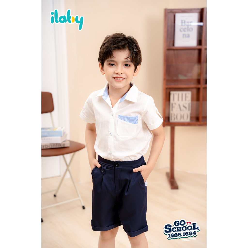 Áo sơ mi cộc tay bé trai ILABY phổi kẻ túi chất liệu thô cotton thoáng mát cho bé 10-36kg