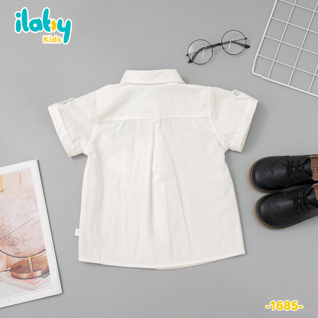 Áo sơ mi cộc tay bé trai ILABY phổi kẻ túi chất liệu thô cotton thoáng mát cho bé 10-36kg