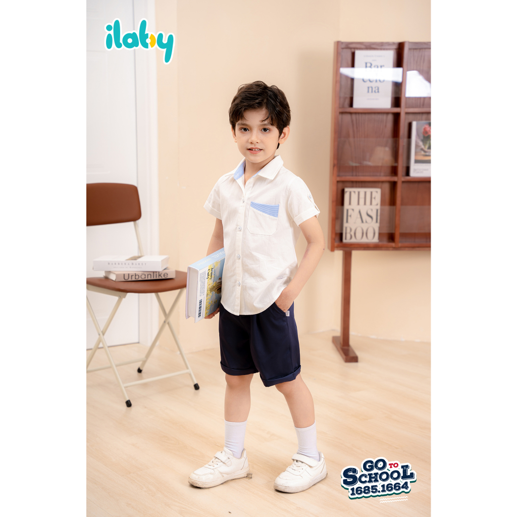 Áo sơ mi cộc tay bé trai ILABY phổi kẻ túi chất liệu thô cotton thoáng mát cho bé 10-36kg
