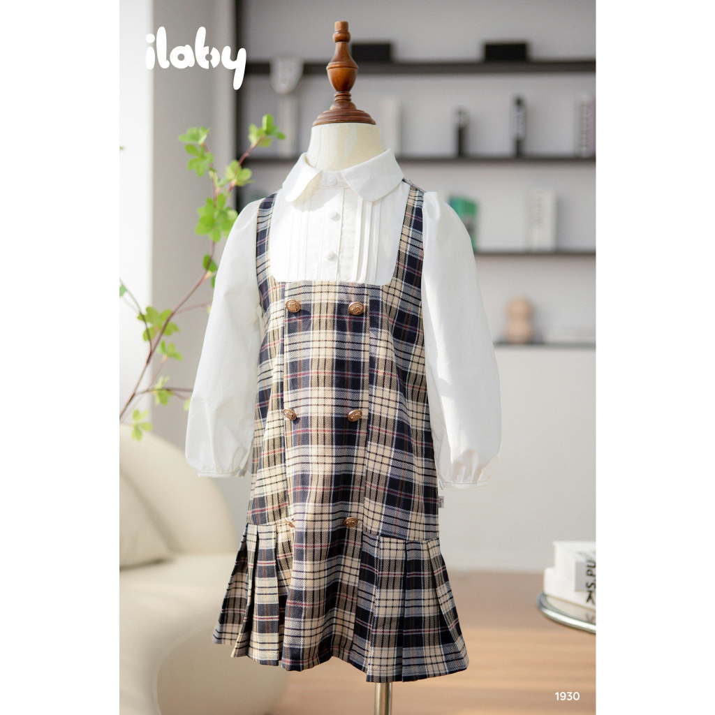 Váy suông đi học bé gái ILABY mix sơ mi chất liệu thô kẻ mềm mại thoáng mát cho bé 13-35kg