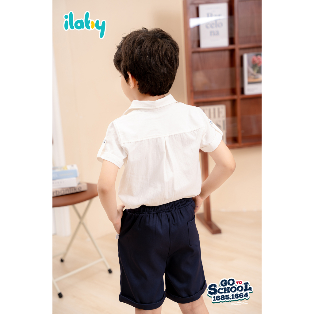 Áo sơ mi cộc tay bé trai ILABY phổi kẻ túi chất liệu thô cotton thoáng mát cho bé 10-36kg