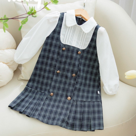 Váy suông đi học bé gái ILABY mix sơ mi chất liệu thô kẻ mềm mại thoáng mát cho bé 13-35kg