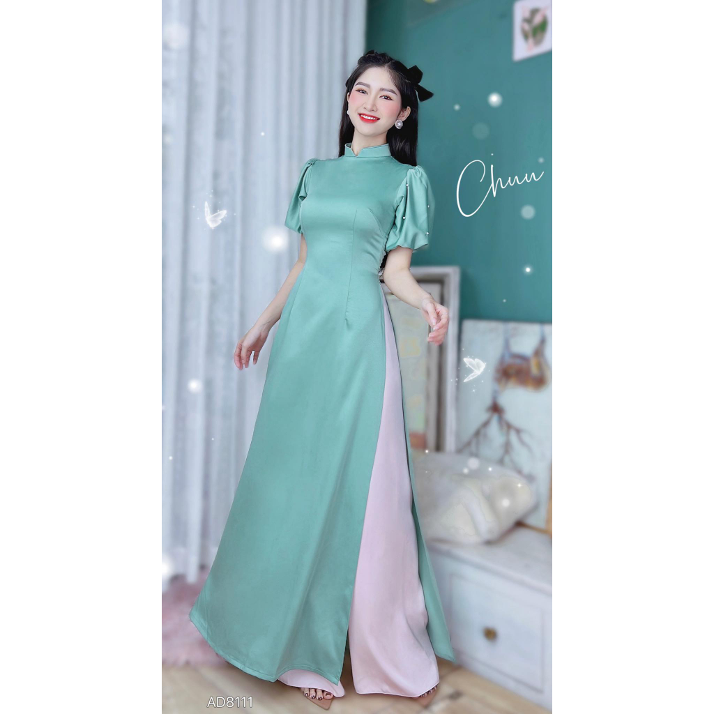 Áo dài truyền thống nữ trơn tay bồng đính ngọc tà dài 136 CHUU AD8111 - không kèm quần