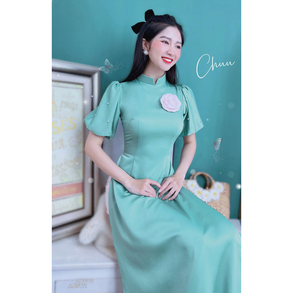 Áo dài truyền thống nữ trơn tay bồng đính ngọc tà dài 136 CHUU AD8111 - không kèm quần