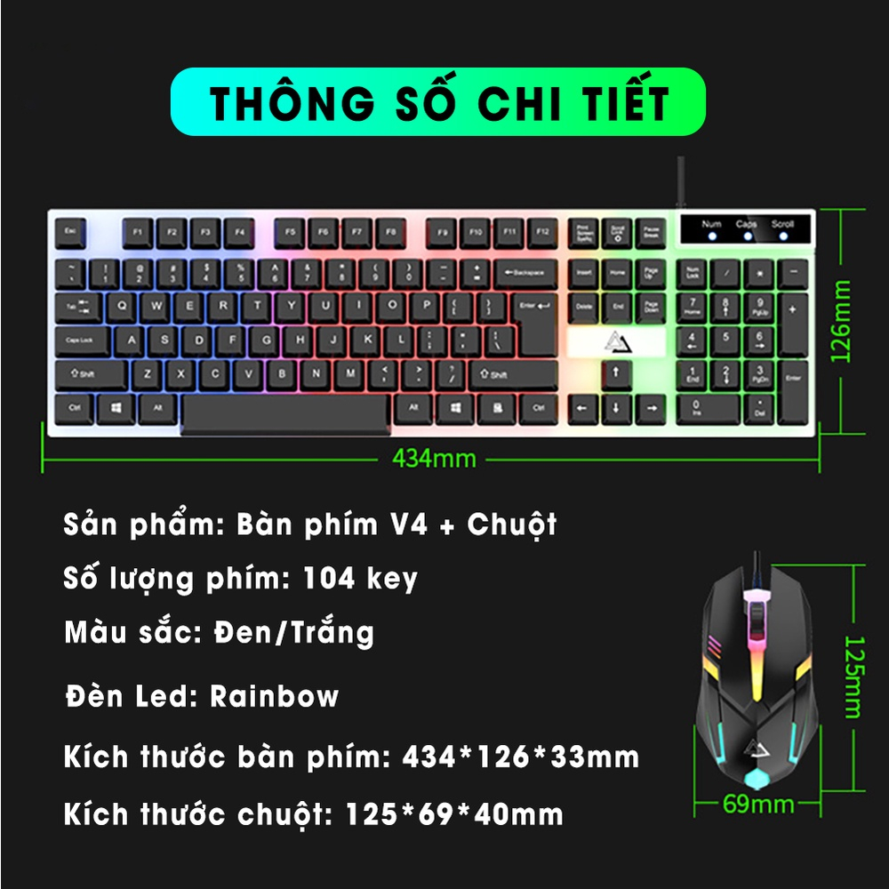 Bộ bàn phím máy tính gaming có dây V4 giả cơ chống nước led rgb chơi game làm việc văn phòng cho PC laptop