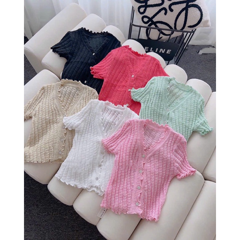 Áo Len Monterghi Viền Bèo Khuy Hoa Đá Dáng Croptop Nhiều Màu Siêu Hot