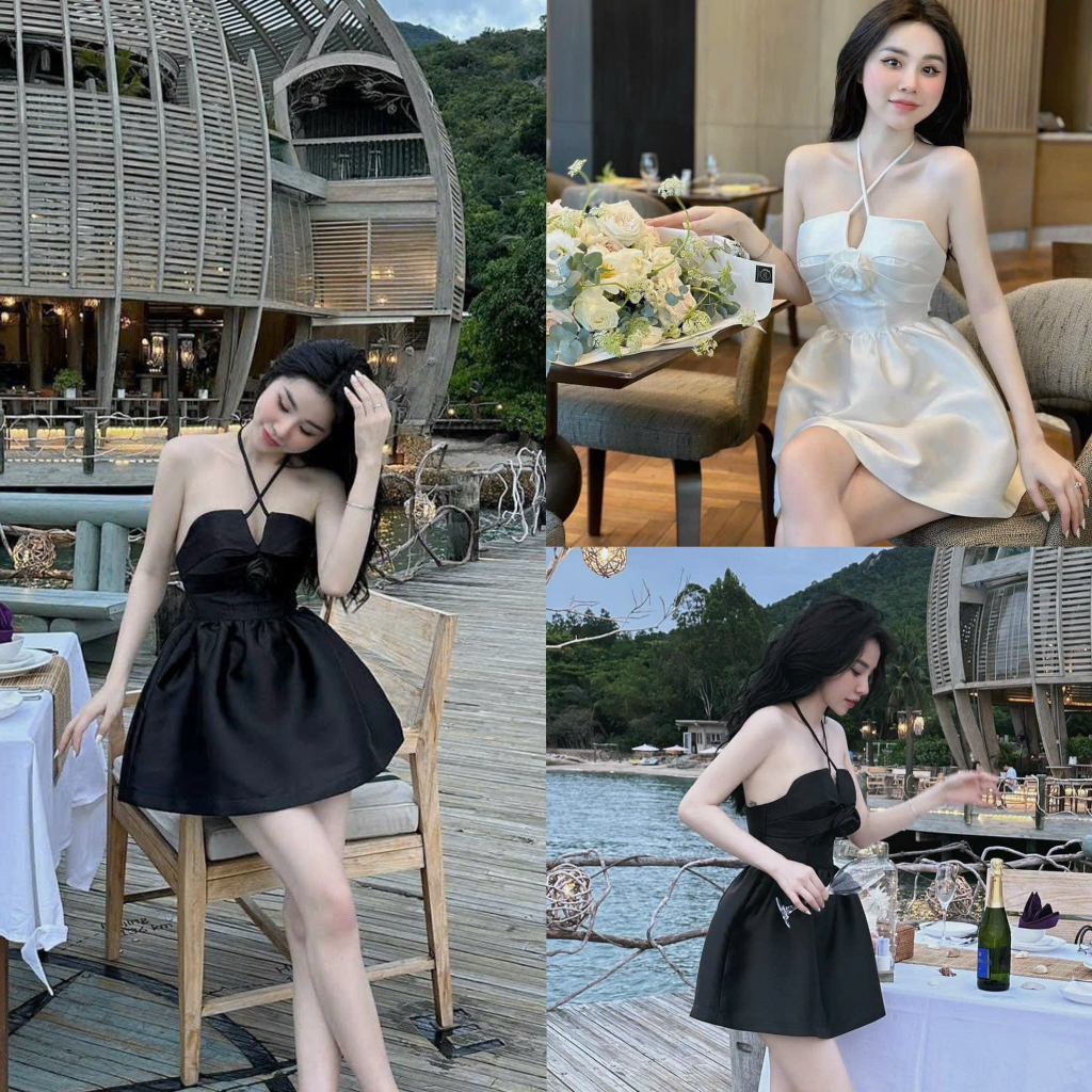 Đầm váy nữ tapta xòe cổ dây chéo cột nơ họa tiết khoét ngực đính bông sang trọng, quý phái thích hợp đi dự tiệc, đi biển