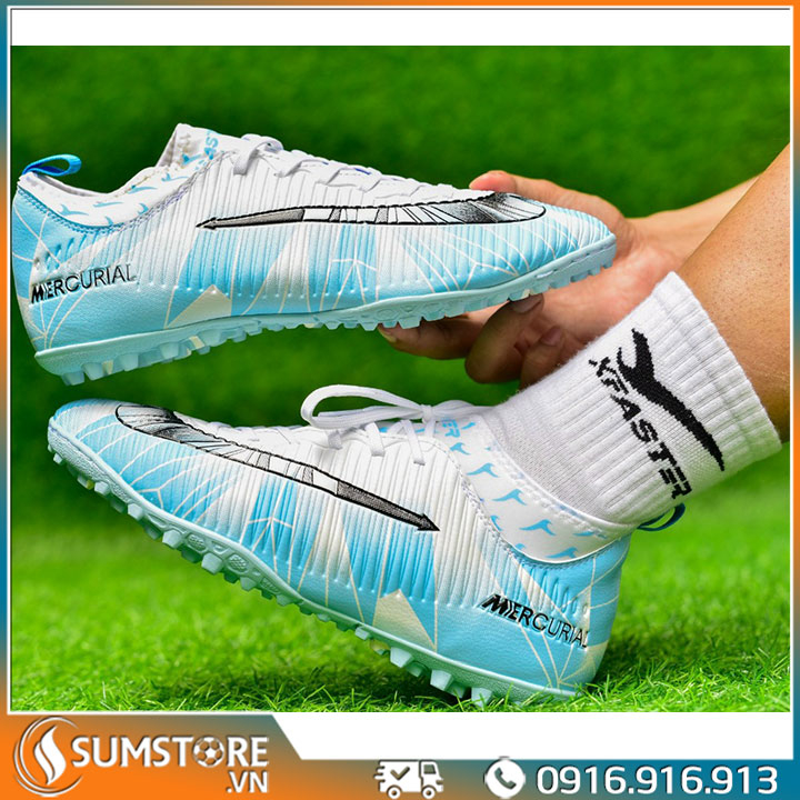 Giày Đá Bóng Nam Nữ CR7 Cao Cấp Xanh Trắng - Giày Đá Banh TF Mới Đẹp