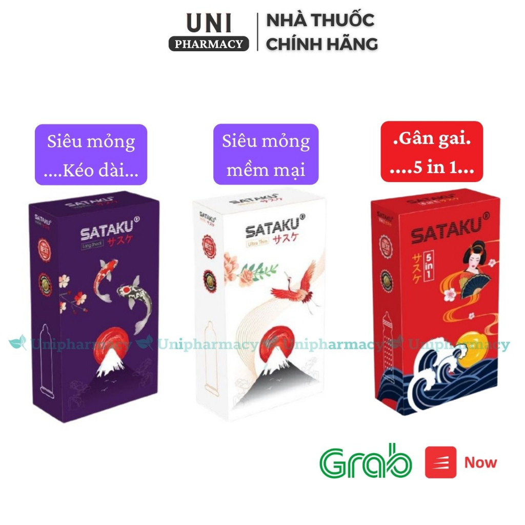 Bao cao su tránh thai nam SATAKU Hàng chính hãng, ôm sát, mỏng, kéo dài, có gân ... Hộp 10 chiếc