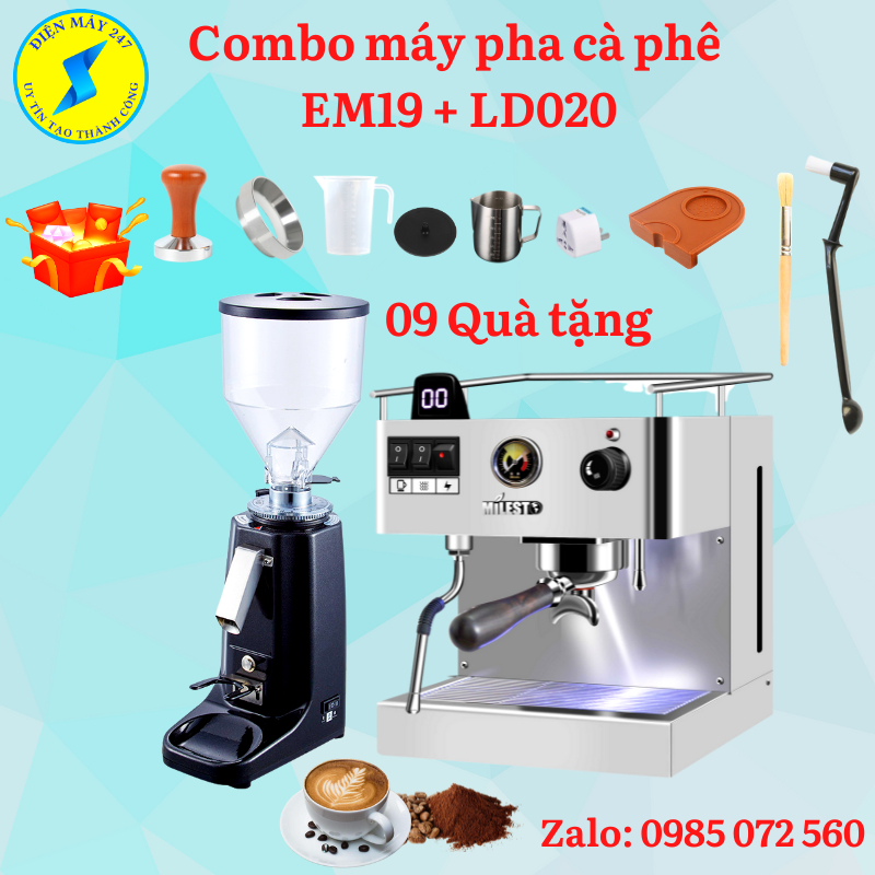 COMBO Máy pha cà phê Milesto EM19 và máy xay cà phê LD 020 - Mới 100% - Chuẩn vị Espresso