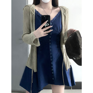 Set đầm 2 dây jean viền bèo kèm khoác lướ