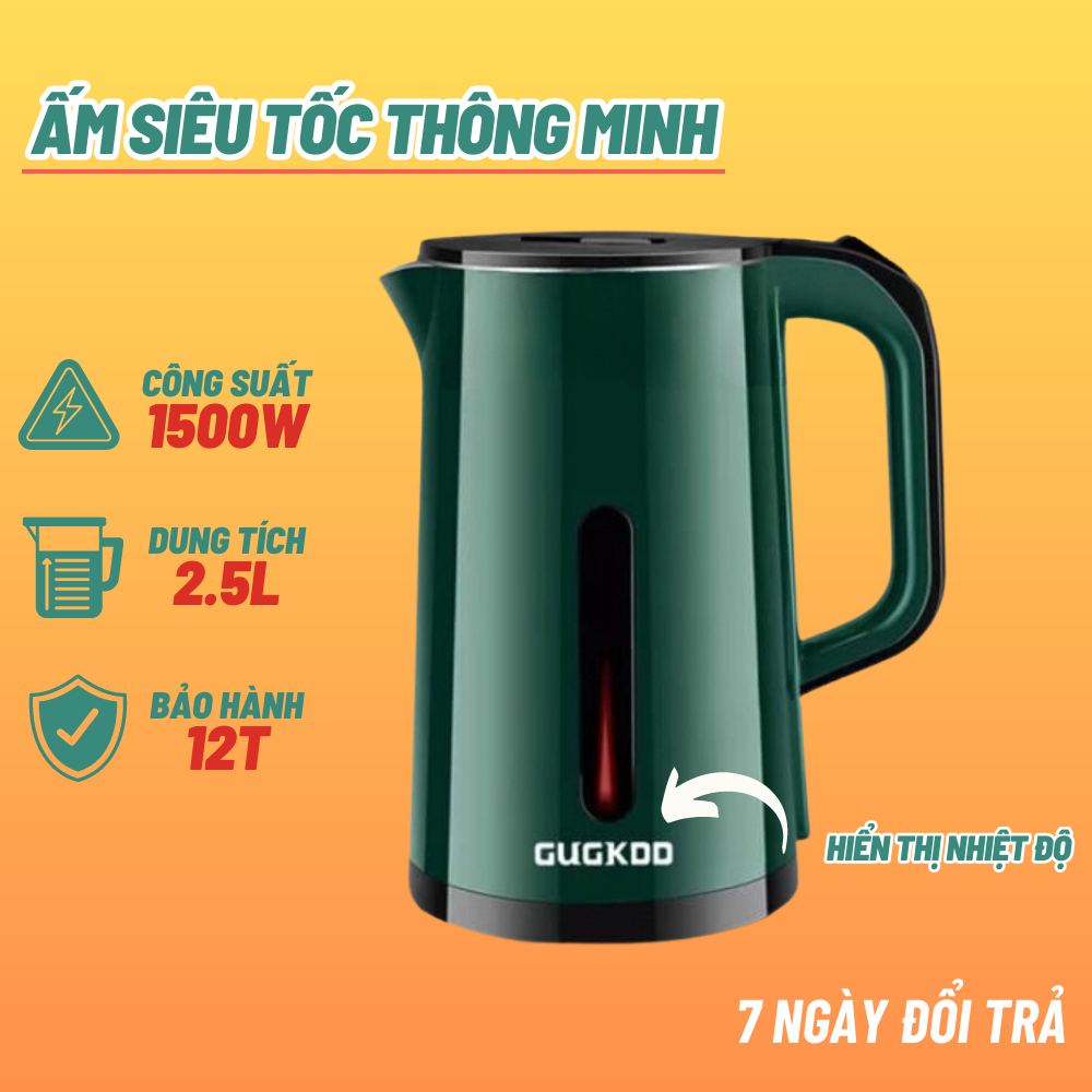 Ấm Siêu Tốc Cuckoo 2 Lớp, Công Suất Lớn 1500W, Ấm Đun Nước Siêu Tốc Dung Tích 2.5L An Toàn Tiết Kiệm Điện