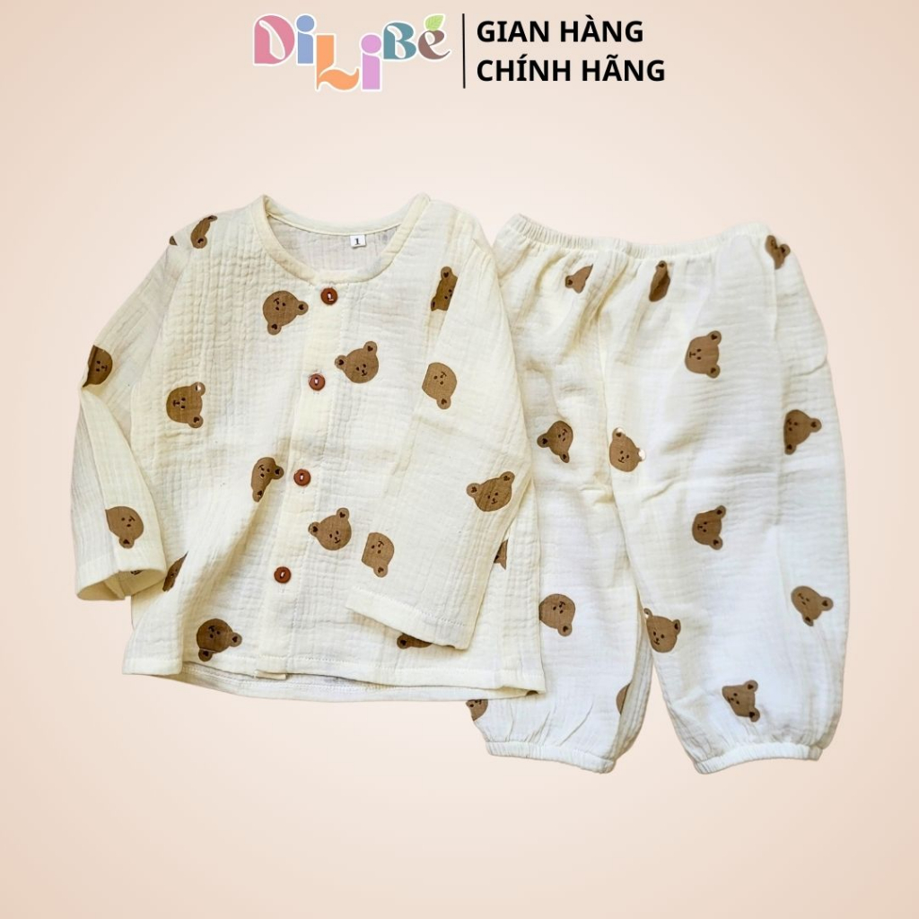 Bộ Pijama tay dài quần dài cổ tròn cho bé trai bé gái cao cấp chất liệu Xô Muslin - Dilibé