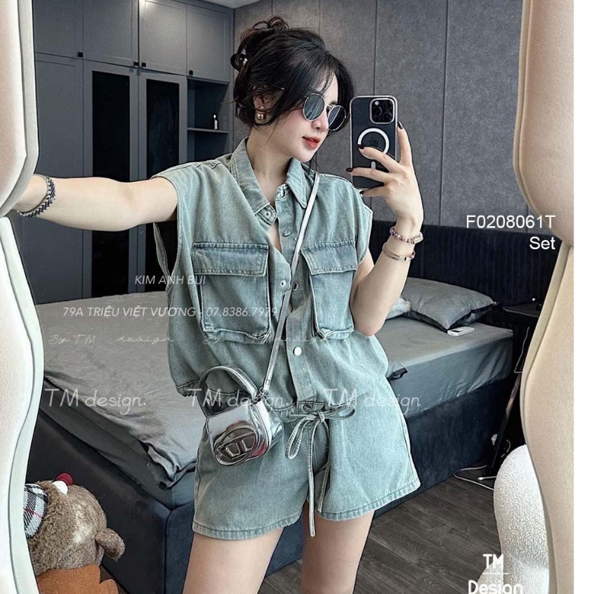 Set jean áo sơ mi tay sát nách phối túi hộp 2 bên+ quần short