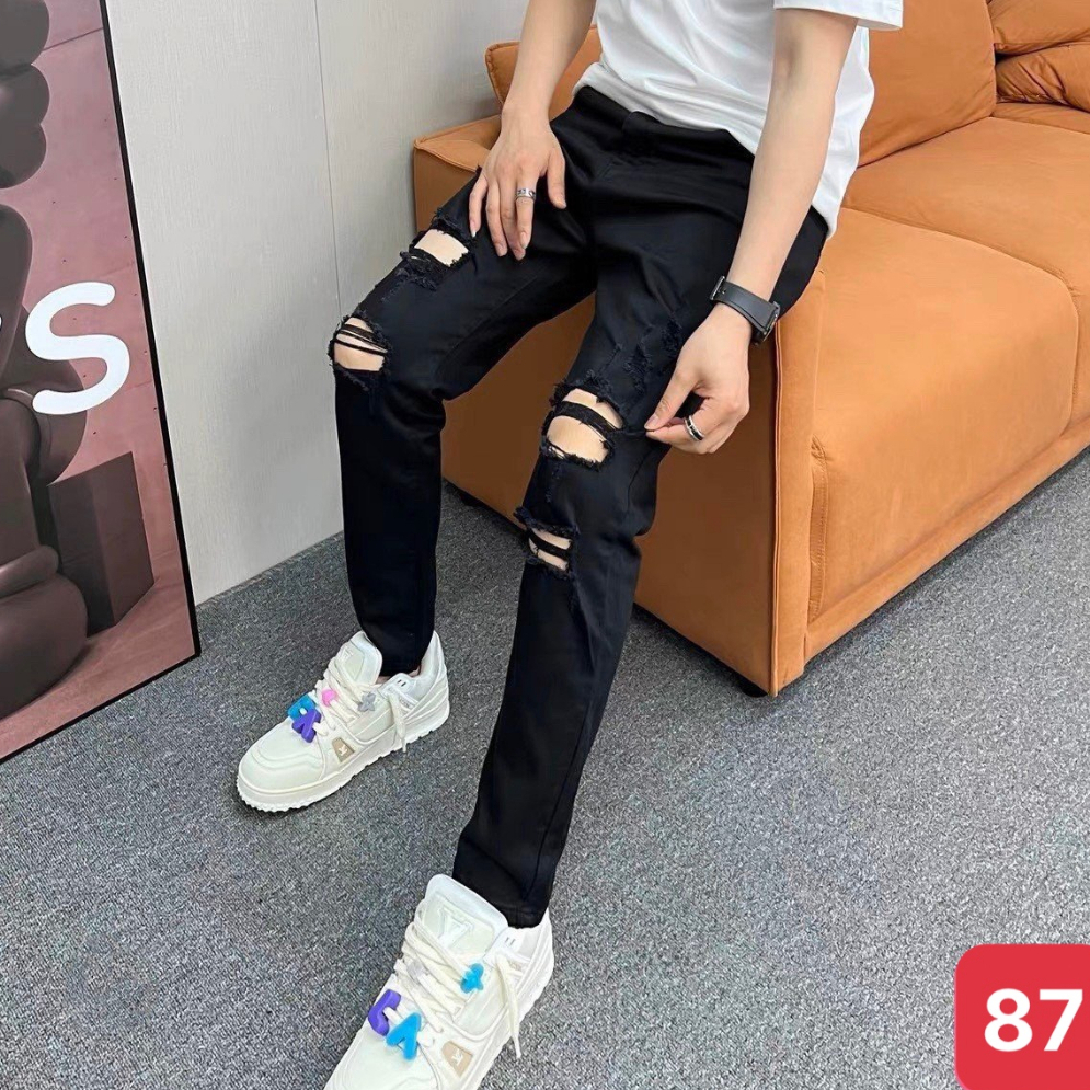 Quần jeans nam boy phố rách gối màu đen trơn chất bò cao cấp co dãn 4 chiều cực đẹp form dáng skinny ADo5 mới