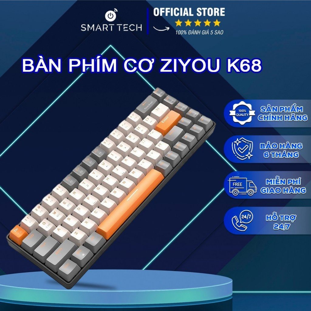 Bàn Phím Cơ ZIYOU K68 SMART TECH - Bàn Phím Kết Nối Không Dây 2 Chế Độ - Hotswap - 68 Phím Nhỏ Gọn - Red Switch Pin Bền