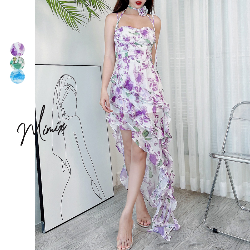 Đầm mullet 2 dây hoa tà xéo tua rua MIMIX DF5250