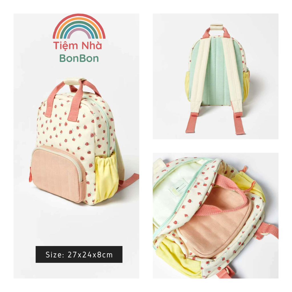 Balo ZR in hình quả dâu chất cotton canvas_Balo cho bé đi nhà trẻ mẫu giáo mầm non