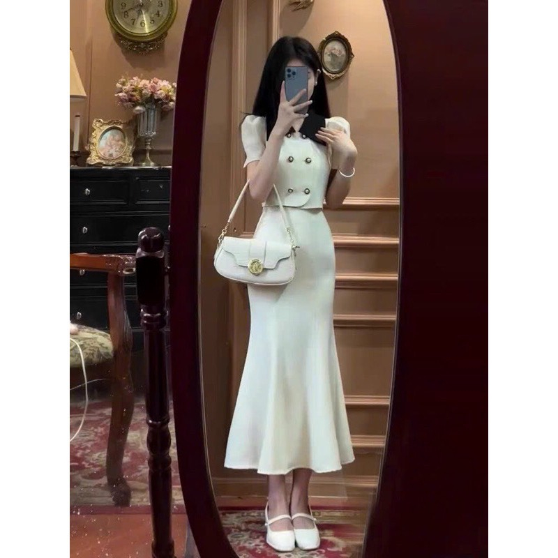 Set áo sơ mi ctrop mix chân váy đuôi các cổ ngọc TH728