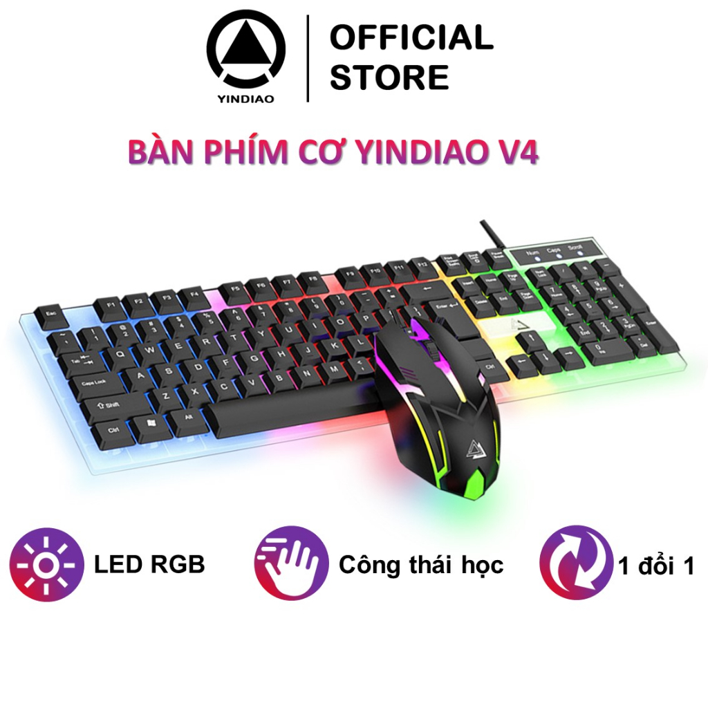 Bàn phím máy tính giả cơ YINDIAO V4 có dây gaming LED Rainbow 104 keys gõ nhanh combo chuột game thủ văn phòng PC Laptop