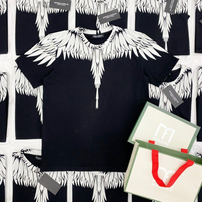 Áo phông nam nữ Premium Cotton in hình đôi cánh trắng Burlon tràn cổ hai mặt phong cách cháy phố