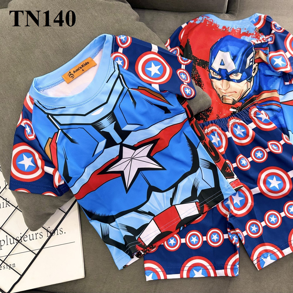 Bộ quần áo siêu nhân chất thun lạnh in 3D cho bé 19-42kg