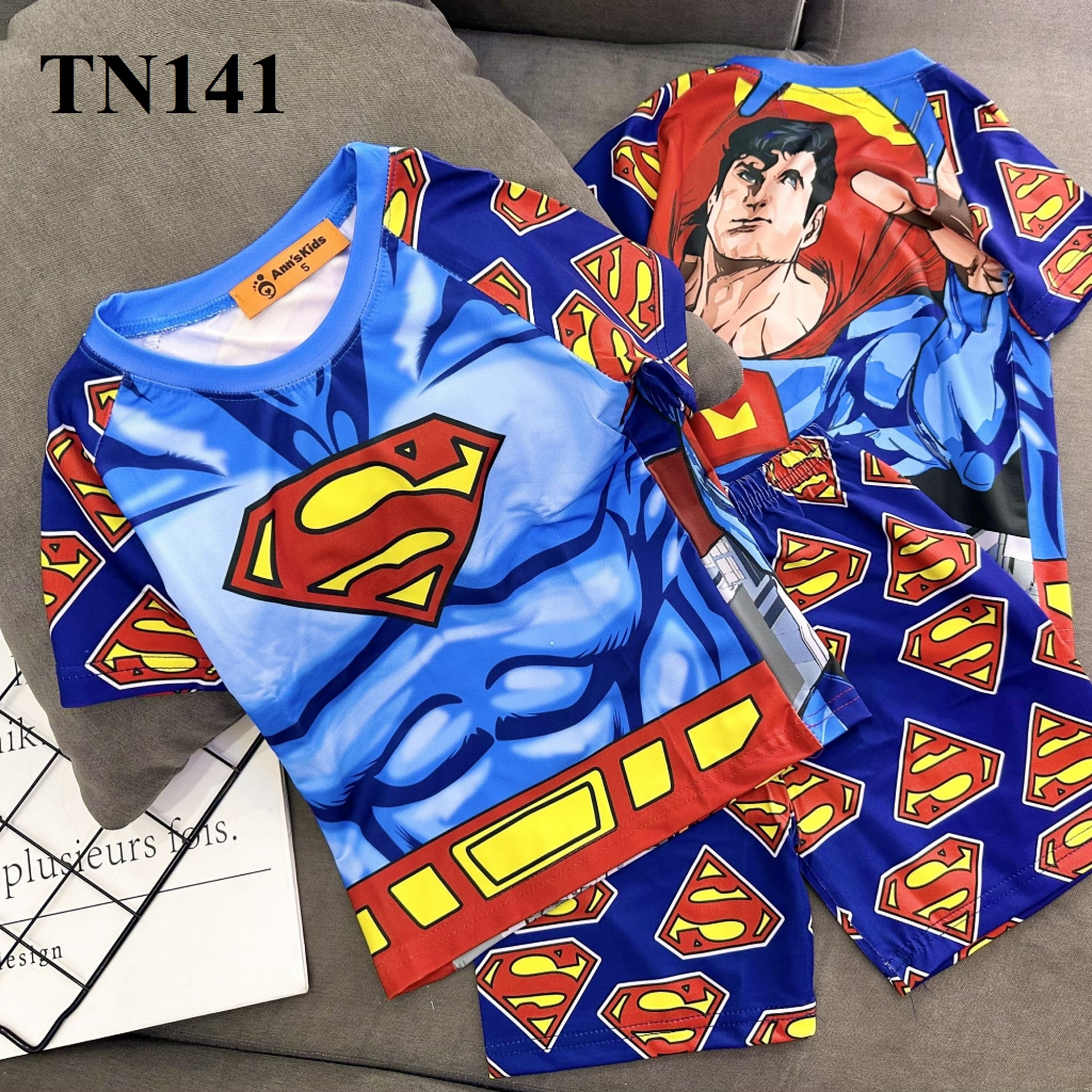 Bộ quần áo siêu nhân chất thun lạnh in 3D cho bé 19-42kg