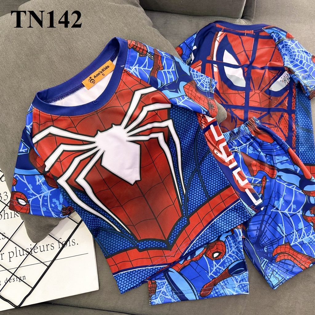 Bộ quần áo siêu nhân chất thun lạnh in 3D cho bé 19-42kg