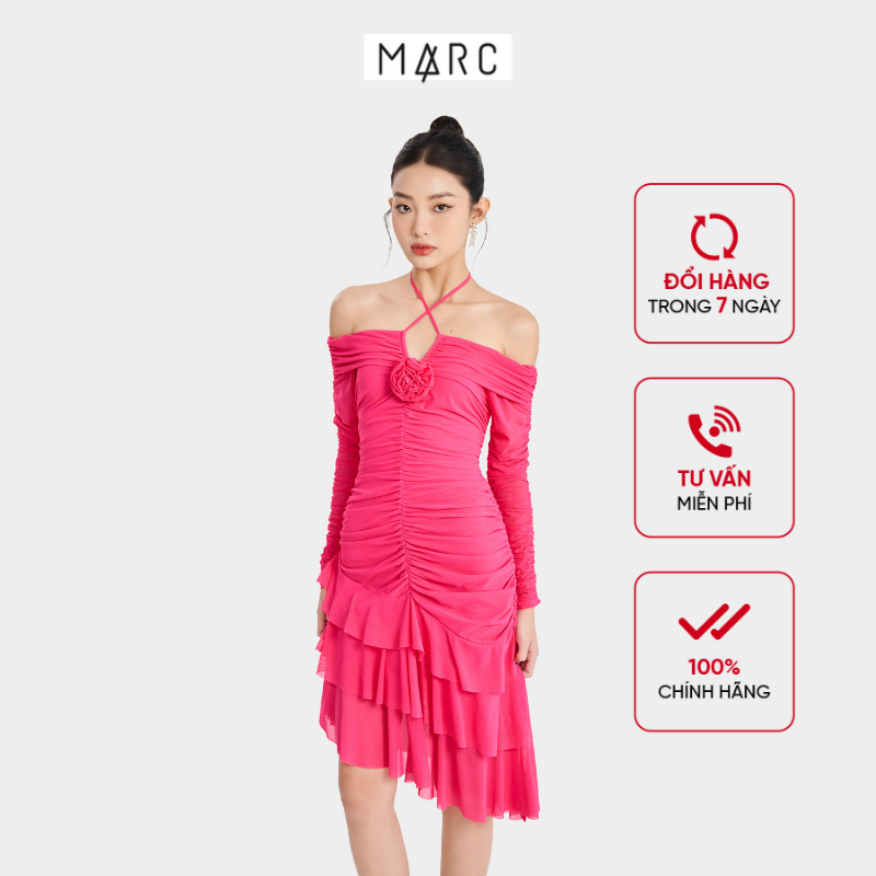 Đầm midi MARC FASHION bẹt vai tay dài tùng xéo bèo tầng TRSH032523