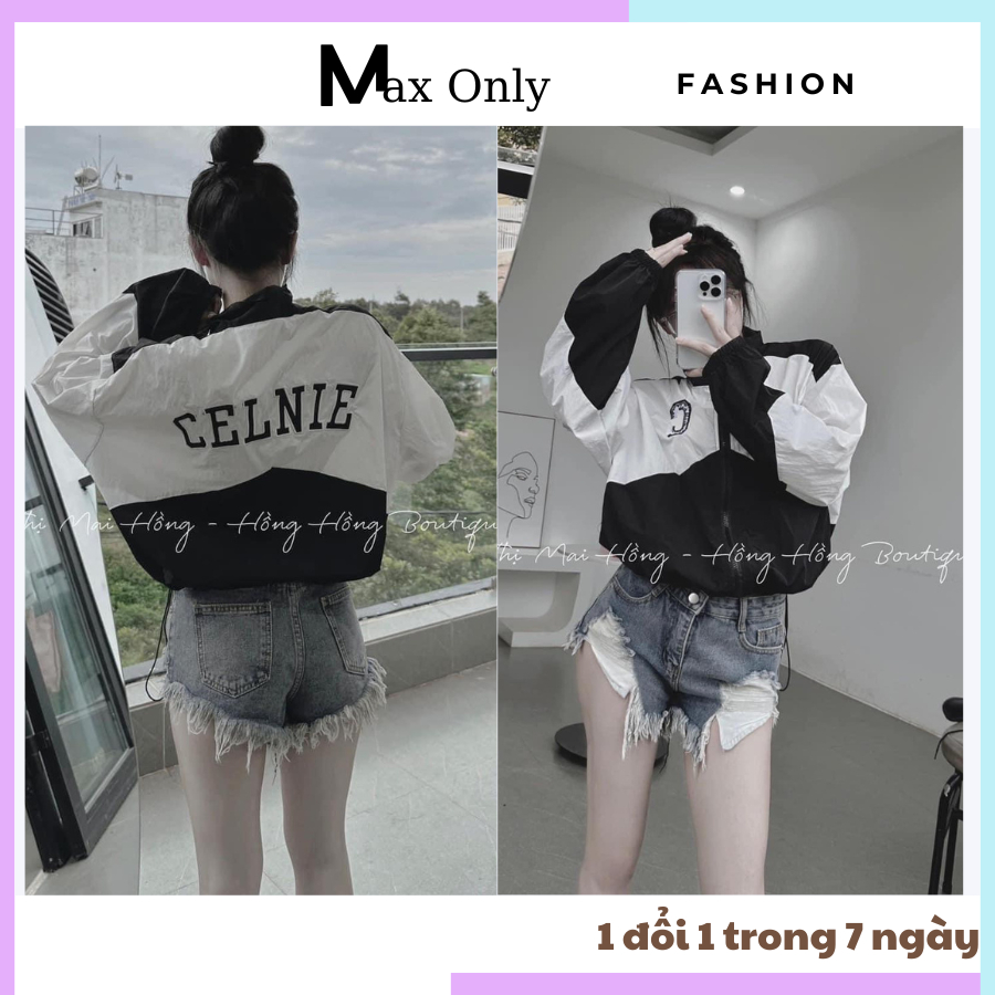 Áo khoác croptop nữ may 2 lớp đẹp xinh họa tiết chữ sau lưng phối 2 màu đen trắng