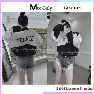 Áo khoác croptop nữ may 2 lớp đẹp xinh họa tiết chữ sau lưng phối 2 màu đen trắng