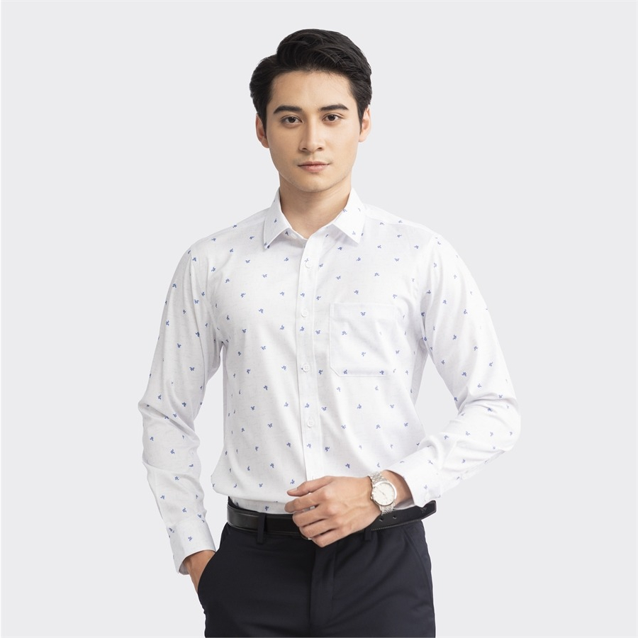 Áo sơ mi nam dài tay ARISTINO màu trắng in họa tiết xanh tinh tế, ấn tượng  - ALS09103