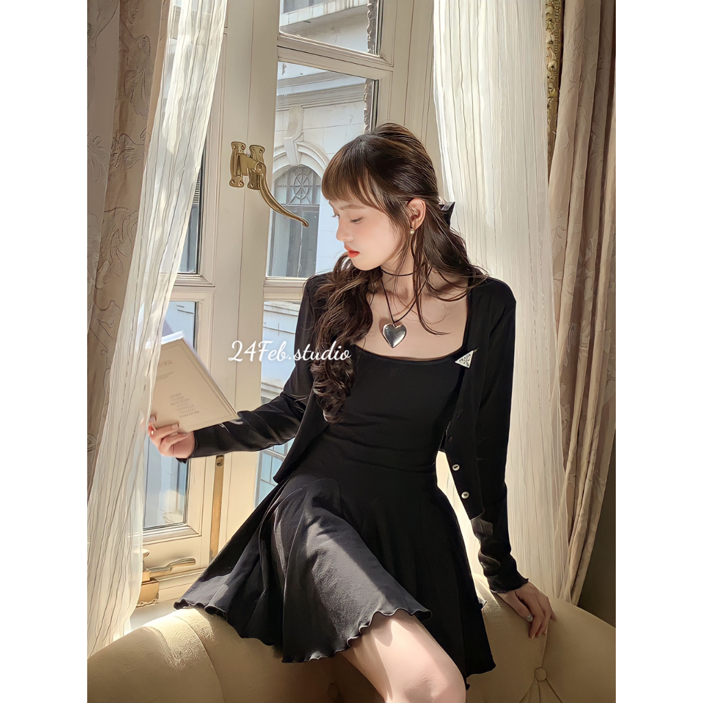 Set áo cadigan kèm váy hai dây phong cách ulzzang Hàn Quốc