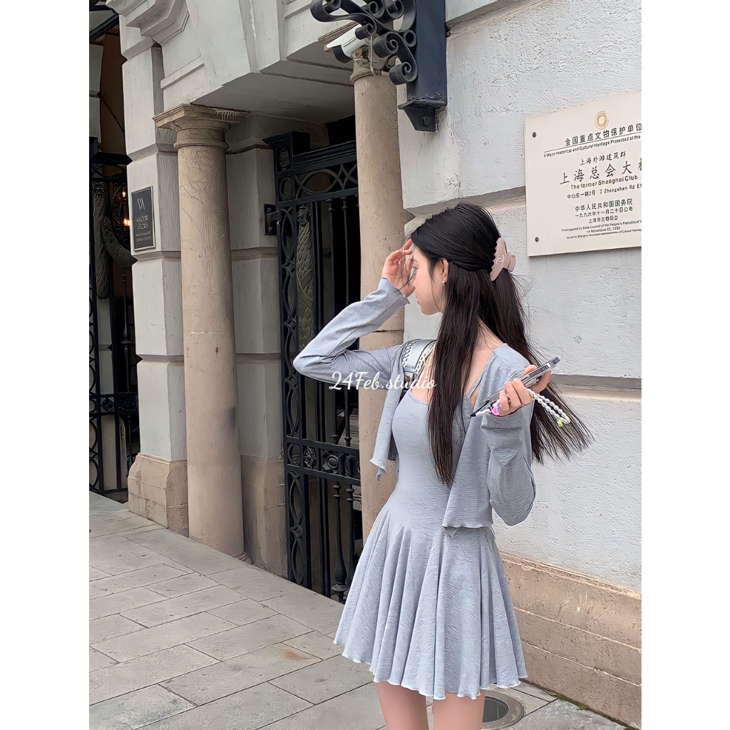 Set áo cadigan kèm váy hai dây phong cách ulzzang Hàn Quốc