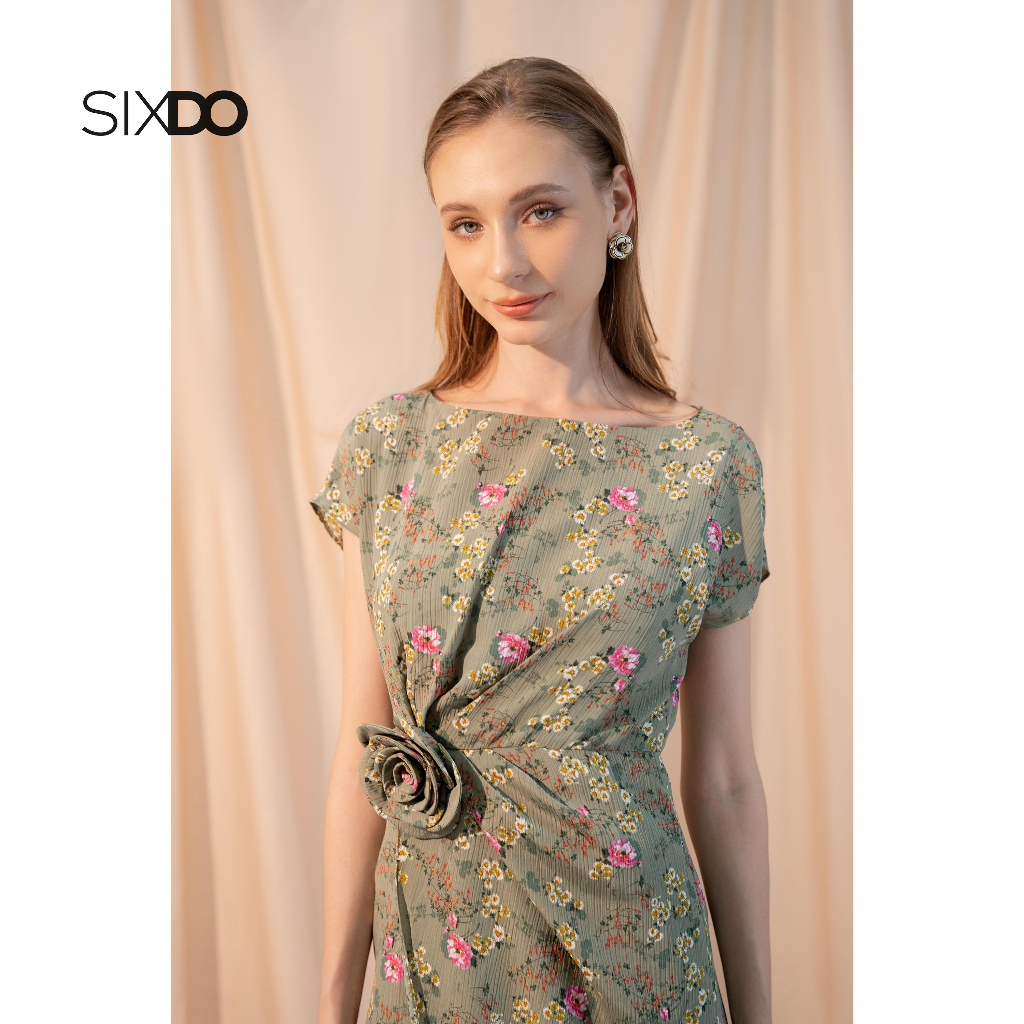 Đầm midi hoa nhí xẻ tà phối hoa eo thời trang SIXDO (Dark Mint Floral Batwing Midi Woven Dress)