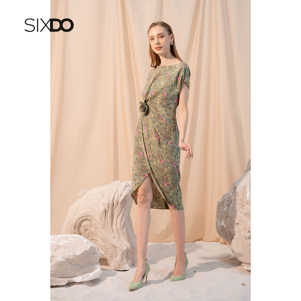 Đầm midi hoa nhí xẻ tà phối hoa eo thời trang SIXDO (Dark Mint Floral Batwing Midi Woven Dress)