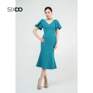Đầm midi đuôi cá xanh ngọc đậm cổ V tay bồng thời trang SIXDO