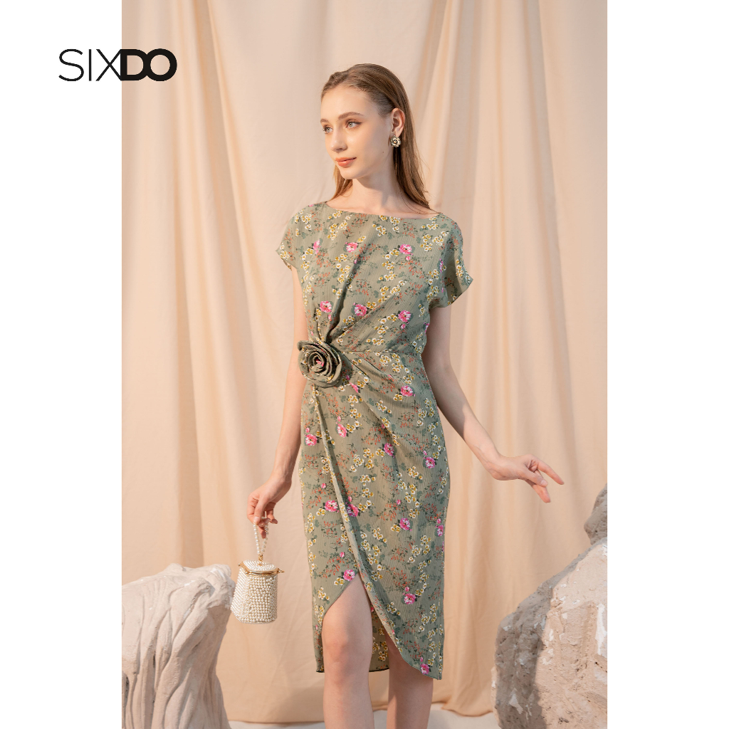 Đầm midi hoa nhí xẻ tà phối hoa eo thời trang SIXDO (Dark Mint Floral Batwing Midi Woven Dress)