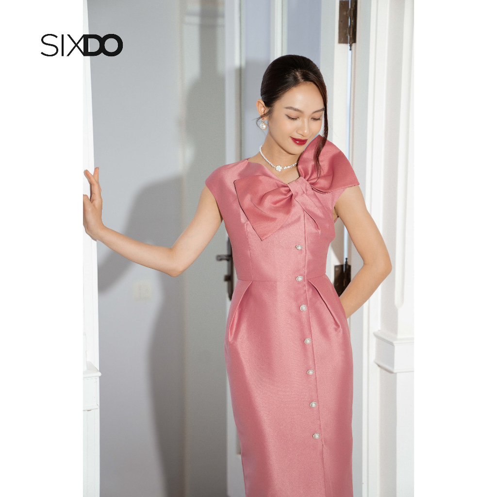 Đầm Midi Taffeta hồng đào phối nơ cổ thời trang SIXDO (Peach Pink Split-front Midi Taffeta Dress)