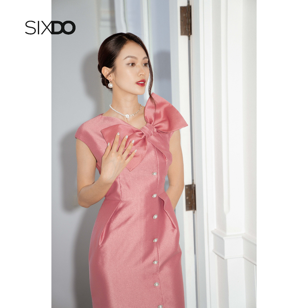 Đầm Midi Taffeta hồng đào phối nơ cổ thời trang SIXDO (Peach Pink Split-front Midi Taffeta Dress)