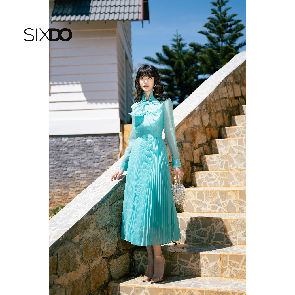 Đầm midi xanh ngọc xếp li phối nơ dài tay SIXDO (Turquoise Bowtie Midi Dress)